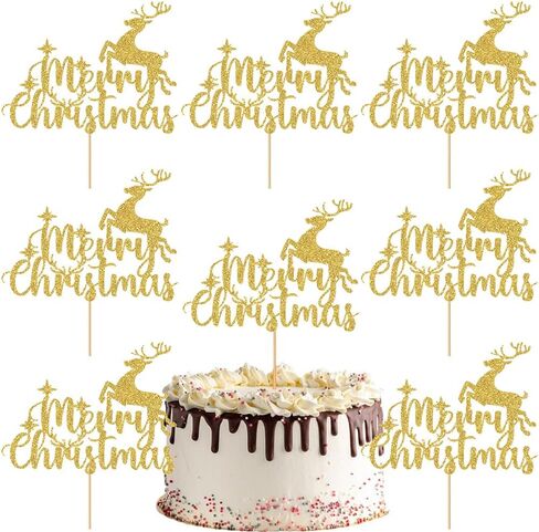 8 PCS Merry Christmas Cake Topper with Cute Reindeer Design Gold Glitter Christmas Cake Picks Decorations for Xmas New Year Holiday Christmas Party Cupcake Toppers Supplies in Saudi Arabia