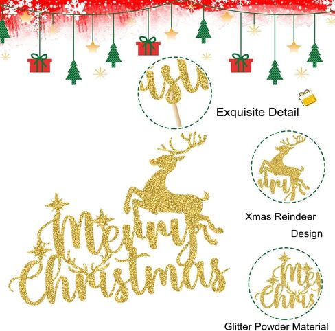 8 PCS Merry Christmas Cake Topper with Cute Reindeer Design Gold Glitter Christmas Cake Picks Decorations for Xmas New Year Holiday Christmas Party Cupcake Toppers Supplies in Saudi Arabia
