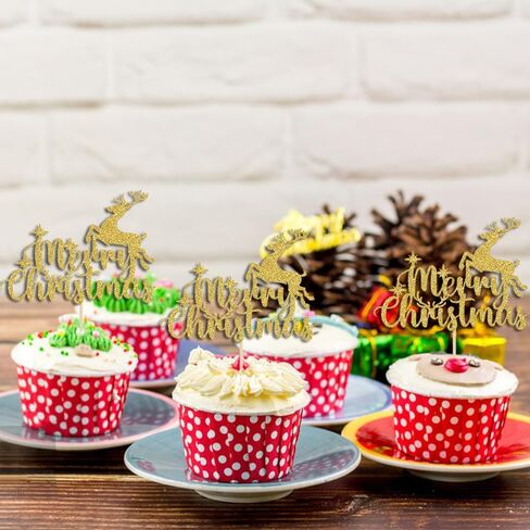 8 PCS Merry Christmas Cake Topper with Cute Reindeer Design Gold Glitter Christmas Cake Picks Decorations for Xmas New Year Holiday Christmas Party Cupcake Toppers Supplies in Saudi Arabia
