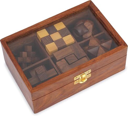 Ajuny Wooden Puzzles Box Set (6 Games) Brain Teaser for Teens & Adults, IQ Test Interlocking 3D Puzzles, Handcrafted Rustic Patio Decor, Unique Gift for Christmas and Birthdays in Kuwait