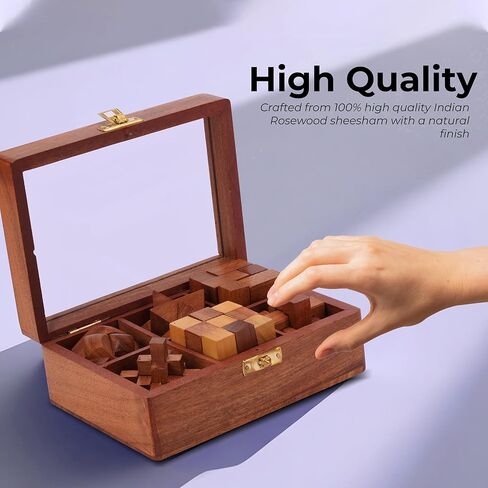Ajuny Wooden Puzzles Box Set (6 Games) Brain Teaser for Teens & Adults, IQ Test Interlocking 3D Puzzles, Handcrafted Rustic Patio Decor, Unique Gift for Christmas and Birthdays in Kuwait