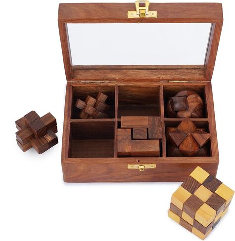 Ajuny Wooden Puzzles Box Set (6 Games) Brain Teaser for Teens & Adults, IQ Test Interlocking 3D Puzzles, Handcrafted Rustic Patio Decor, Unique Gift for Christmas and Birthdays in Kuwait