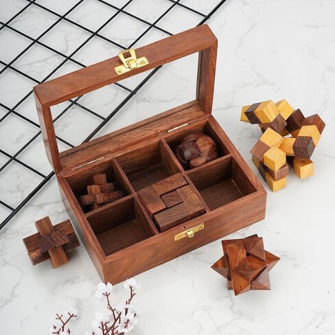 Ajuny Wooden Puzzles Box Set (6 Games) Brain Teaser for Teens & Adults, IQ Test Interlocking 3D Puzzles, Handcrafted Rustic Patio Decor, Unique Gift for Christmas and Birthdays in Kuwait