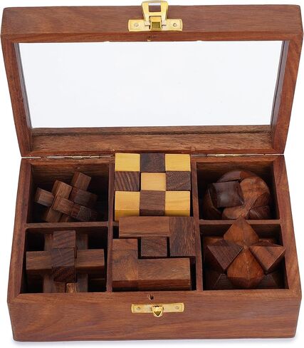 Ajuny Wooden Puzzles Box Set (6 Games) Brain Teaser for Teens & Adults, IQ Test Interlocking 3D Puzzles, Handcrafted Rustic Patio Decor, Unique Gift for Christmas and Birthdays in Kuwait