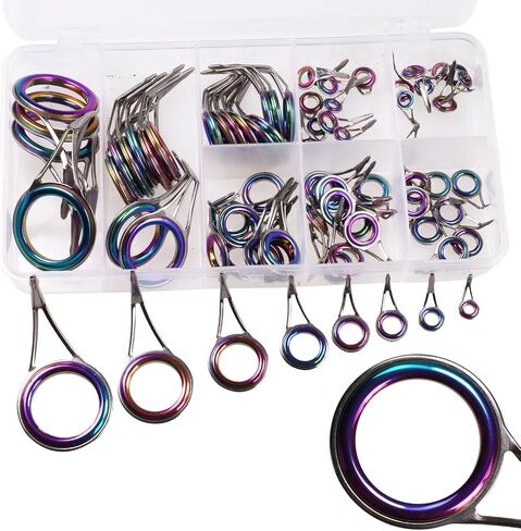 QualyQualy Bait Casting Fishing Rod Guides، مزدوجة الساق الصيد رود أدلة الليزر قوس قزح ملون حلقة السيراميك المياه المالحة قضيب الصيد تلميح إصلاح عدة 75 جهاز كمبيوتر شخصى in Kuwait