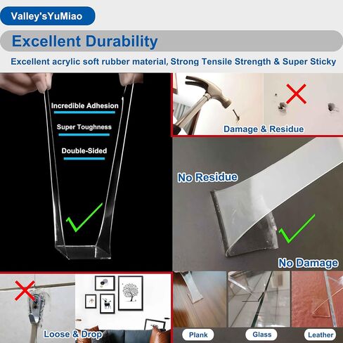Valley'sYuMiao 2Rolls, Nano Double Sided Mountinging Tape, Adhesive-self Heavy Duty Tape, 2 Sides Sticky Tack Tape for Painted Walls AC Hanging Clear, 0.6in×10fts, 20fts Total Long in Kuwait