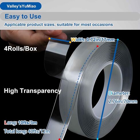 Valley'sYuMiao 2Rolls, Nano Double Sided Mountinging Tape, Adhesive-self Heavy Duty Tape, 2 Sides Sticky Tack Tape for Painted Walls AC Hanging Clear, 0.6in×10fts, 20fts Total Long in Kuwait