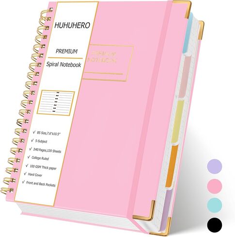 Huhuhero 5 Subject Notebook with Dividers, 240 Pages Pink Spiral Journal College Ruled, B5 Aesthetic Writing Journals for Women, Hardcover Notebooks for Work Note Taking, College Essentials in Saudi Arabia