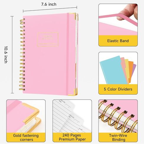 Huhuhero 5 Subject Notebook with Dividers, 240 Pages Pink Spiral Journal College Ruled, B5 Aesthetic Writing Journals for Women, Hardcover Notebooks for Work Note Taking, College Essentials in Saudi Arabia