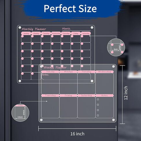 Magnetic Calendar for Fridge,16''x12'' 2 Pcs Acrylic Monthly and Weekly Dry Erase Board Reusable Planner，Includes 5 Colorful Highlight Markers (Magnetic Pen Cap) and Erase Towel（Pink） in Saudi Arabia