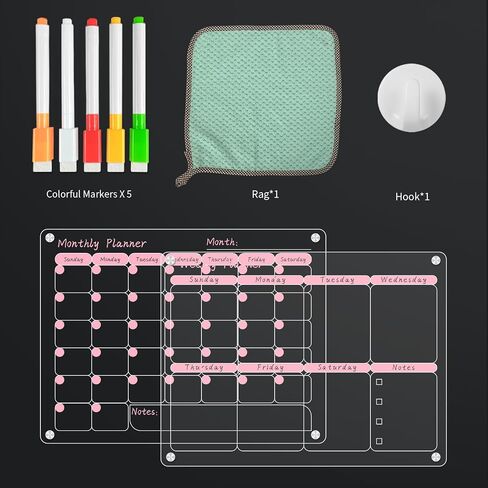 Magnetic Calendar for Fridge,16''x12'' 2 Pcs Acrylic Monthly and Weekly Dry Erase Board Reusable Planner，Includes 5 Colorful Highlight Markers (Magnetic Pen Cap) and Erase Towel（Pink） in Saudi Arabia