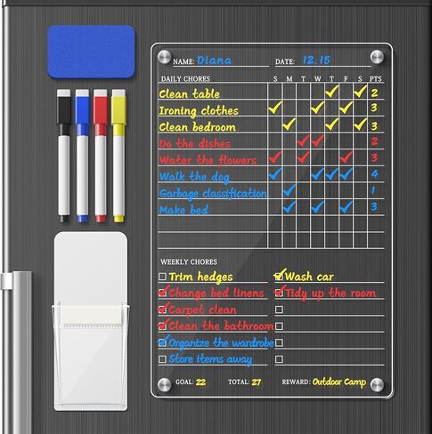 Acrylic Magnetic Chore Chart for Kids Adults Teens, 12" x 8" Clear Dry Erase Acrylic Fridge Family Chore Chart, Fridge Weekly to Do List Whiteboard Responsibility Reward Chart in Kuwait