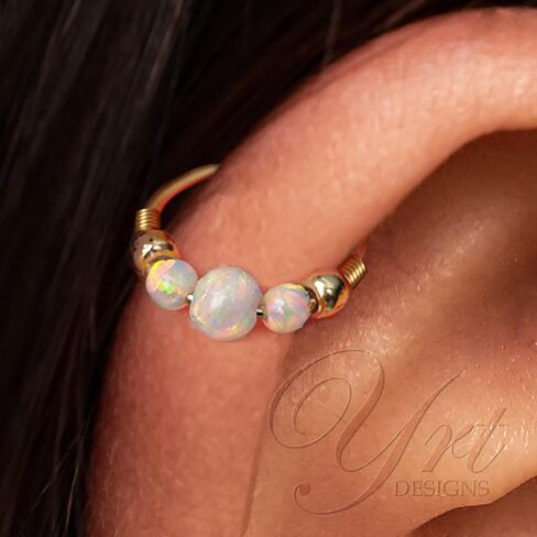 Gold Cartilage Earring - Tiny 8mm And Thin 24 Guage Helix Ring - 3mm White Opal And 2mm Gold Beads - 14K Gold Filled Helix Piercing Jewelry in Saudi Arabia