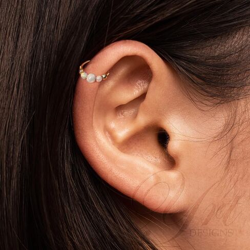 Gold Cartilage Earring - Tiny 8mm And Thin 24 Guage Helix Ring - 3mm White Opal And 2mm Gold Beads - 14K Gold Filled Helix Piercing Jewelry in Saudi Arabia