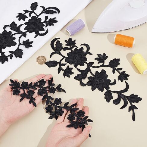 AHANDMAKER 4 PCS Black Embroidered Flower Cloth Appliques Wedding Dress Patch 2 Style Embroidered Flower Lace Applique Sew on Patches for DIY Sewing Wedding in Saudi Arabia
