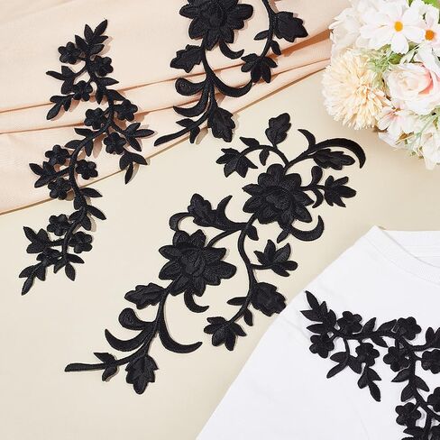 AHANDMAKER 4 PCS Black Embroidered Flower Cloth Appliques Wedding Dress Patch 2 Style Embroidered Flower Lace Applique Sew on Patches for DIY Sewing Wedding in Saudi Arabia
