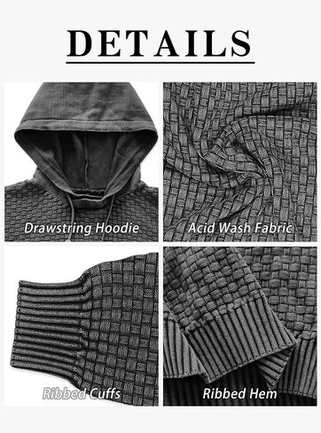 Zaitun Mens Acid Wash Cotton Hoodies Pullover Sweatshirt Long Sleeve Waffle Hoodies Streetwear in Kuwait