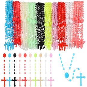 Meooeck 100 Pack Cross Necklaces Bulk Rosary Beads for Church Welcome Gifts Present Plastic Cross Rosary Necklace Prayer Crossed Beads for Religious Homeless Gift Party Favor, 13 Inch