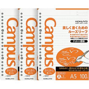 Kokuyo Campus Loose Leaf Paper for Binders, 3 Pack Sarasara Smooth Writing Paper, A5, 7mm Dotted Line, 20 Holes, 100 Sheets, Bleed Resistant, pH Neutral, 75gsm, Japan Import (NO-807AT)