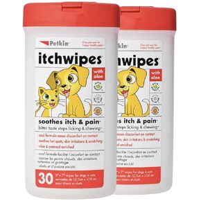 Petkin Anti Itch Wipes for Dogs and Cats - Soothes Hot Spots, Skin Irritations and Scratching - Bitter Taste Stops Licking and Chewing - Super Convenient, Ideal for Home or Travel - 30 Wipes