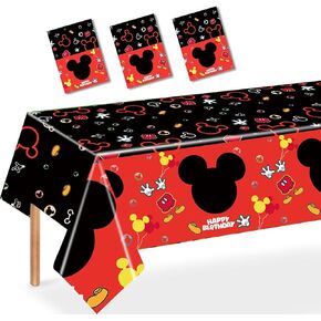 3PCS Cartoon Mouse Tablecloth, Black Red Plastic Tablecover Disposable Table Cloths Decor for Boys 1st 2nd 3rd Party Decorations Supplies, 86.6 x 51.2in