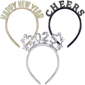 3 Pcs Happy New Year Headband for Women Let's Party Cheers Headband 2025 New Year's Eve Party Gifts Gold Silver Black Event Headbands for New Year's Carnival Night Party Favors Gifts