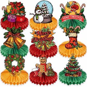Christmas Party Honeycomb Centerpieces for Tables, 9 PCS Gingerbread Man Snowman Santa Candy Cane Vintage Christmas Decorations for Xmas Winter Holiday Indoor Home Retro Party Decorations
