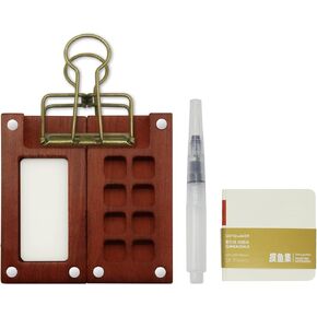 8 Grid Miniature Watercolor Painting Palette Kit, Wood Pocket Artist Watercolor Set Portable Watercolor Palette Box Kit with Brush Clip Sketchbook, Travel Set for Painters Artists