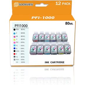 PFI-1000 Ink Tank (12Pack, 80ml) - Compatible with Canon imagePROGRAF PRO 1000 Printer(MBK/PBK/C/M/Y/R/GY/B/PGY/PC/PM/CO)