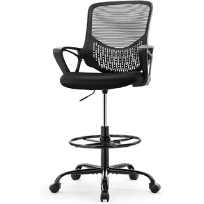 JHK Drafting Home Office Tall Computer Standing Desk Task Chair with Adjustable Foot Ring and Armrest, Breathable Mesh, Ergonomic Lumbar Support, 360° Swivel Rolling for Adult, Black