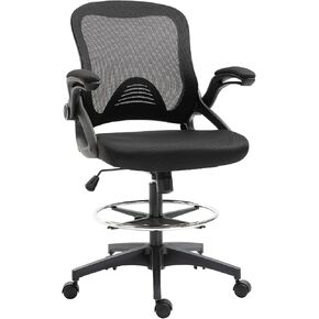 Vinsetto Mesh Drafting Chair, Tall Office Chair with Lumbar Support, Flip-Up Armrests, Footrest Ring and Adjustable Seat Height, Black
