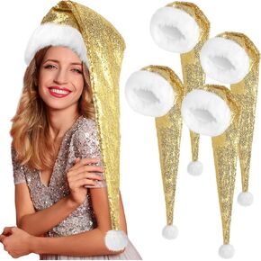 Geyoga 4 Pieces Christmas Santa Hats Xmas Shiny Sequin Santa Hats for Adults Long Christmas Cap Women Men Party Supplies