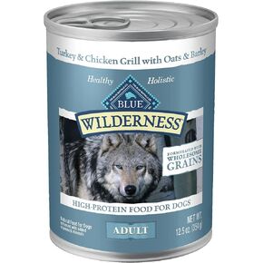 Blue Buffalo Wilderness High Protein Natural Adult Wet Dog Food Plus Wholesome Grains, Chicken & Salmon Grill 12.5-oz Cans (Pack of 12)