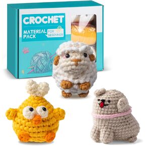 Creachet Crochet Kit for Beginners – 3 Pack Cute DIY Starter Kits for Adults Teens, Creative Christmas Gift, with Step-by-Step Video Tutorials, Farm Animal Patterns-Dog, Chicken, and Lamb