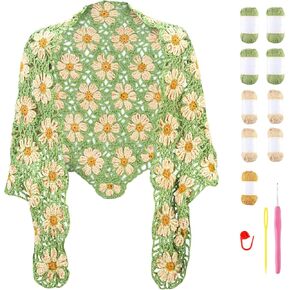 Noocro Crochet Kit for Intermediate or Advanced Levels, Complete Craft Kit for a Floral Daisy Shawl with Step by Step Video Tutorials Detailed Instructions, Perfect Holiday Gift or DIY Project (Blue)