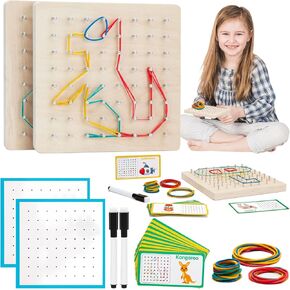 2Pack Wooden geoboards with Rubber Bands Montessori Toys, Mathematical Education Toy for Kids with Pattern Cards and geo Boards to Figures and Shapes, Brain Teaser STEM Toys for Classroom.
