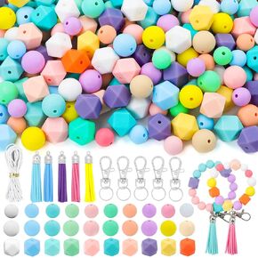 121 PCS Silicone Beads for Keychain Making Kit,12mm 15mm Round 14mm Polygonal Rubber Beads Multicolor Bulk Silicone Loose Beads for DIY Necklace Bracelet Jewelry Making Supplies