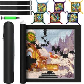 Jigsaw Puzzle Mat Roll Up Fits 1500 1000 500 Pieces Puzzles, Jigsaw Felt Mat with 6 Sorting Trays & Storage Bag & Pump, Portable Non Slip Jigsaw Puzzle Saver for Adult Kid