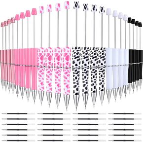24 Pcs Beadable Pens Bulk Cow Print DIY Pink Plastic Beaded Black Ink Ballpoint Pens for Students Teachers Gifts Office School Supplies(Cow)