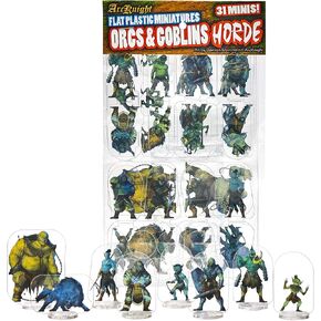 Arcknight Flat Plastic Miniatures: Orcs and Goblins HORDE; 31 Unique Goblinoid-Themed Enemy Minis for DnD 5e and Pathfinder; Affordable, Skinny Figurines for Dungeons and Dragons and other TRRPG games