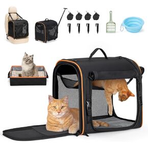2-in-1 Cat, Dog Carrier for Pets up to 30 Lbs, Double Pet Carrier Car Travel Portable Twin Compartment Pet Kennel Dog Crate Set with Litter Box, Bowl for Outdoor Camping