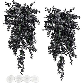 Hamiledyi Reptile Plants, 2 Pack Hanging Terrarium Plants, Artificial Leaves Habitat Decorations with Suction Cup, Fake Amphibian Plants for Bearded Dragon Lizard Hermit Crab Geckos Chameleon(Black)