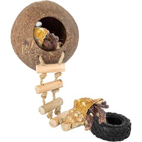 REPTIZOO Hermit Crab Coconut Shell Hideout, Leopard Gecko Hide Cave with Ladder, Reptile Coco Hut Cave Habitat with Suction Cup Terrarium Décor for Crested Gecko,Hermit Crab, Lizard, Leopard Gecko