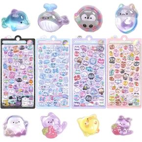 200 pcs Fantastic 3D Floating Stickers - Kids Cartoon World Adventure, Mini Stickers for Kids, Penguin Stickers, Whale Stickers, Rabbit Stickers, Elephant Stickers, Fruit Themed DIY Stickers and More