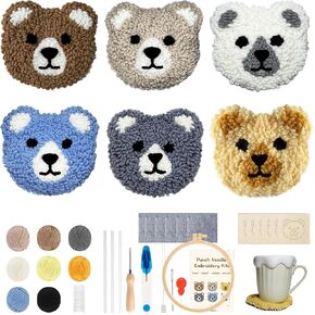 Punch Needle Kit for Beginners Adults - 6 Pattern Bear Punch Needle Embroidery Kit, Punch Needle Coaster Kit with Yarns, Tufted Coasters, DIY Needle Punch Craft, Yarns Embroidery Hoop Instruction