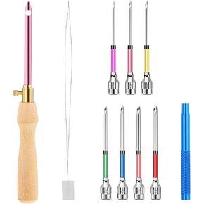JJUNW 10Pcs Punch Needle, Punch Needle Kit, Punch Needle Kits Adults Beginner, Adjustable Punch Needle Tool with 7 Sizes Needle Heads Include Wooden Handle for Embroidery Floss Cross Stitching