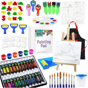 KEFF 104 Pcs Acrylic Paint Set for Kids and Toddlers with Non Toxic Tube Paints, Glitter Paints, Canvases, Easel, Brushes, Apron and More Supplies - Kids Art Painting Kit, 104-Piece Set