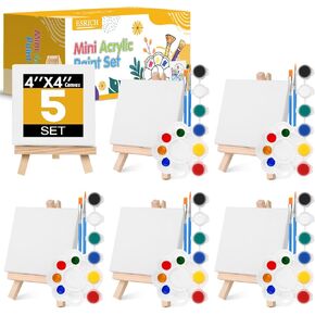 ESRICH 20 Set Mini Acrylic Paint Set,Mini Canvas Painting Kit,Valentines Day Gifts,4 * 4in Stretched Canvas with Easel,Acrylic Paints,Brushes,Palette,Mini Easel Canvas for Kids Adults Painting Party