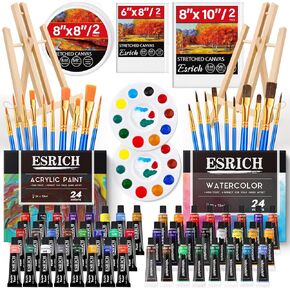 ESRICH 78PCS Acrylic Paint Canvas Set, Watercolor Paint Set, Acrylic Paint Set with 2 Set of Wood Easel, Paint Brushes, Canvases, Art Painting Supplies Kit for Kids,Students, Artists and Beginne