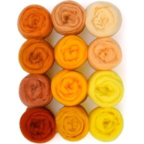 WONVOC Felting Wool, 12 Colors Wool Roving for Needle Felting, 4.23 oz Needle Felting Wool, Wool Roving, Needle Felting Wool Set, Easy to Work, for Needle Felting DIY Wool Crafts, Yellow and Brown